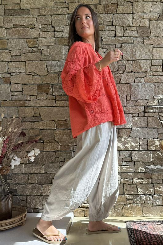 Ida Embroidered Smock Blouse Tomato /13=